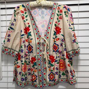 SHEIN Women's colorful floral gathered sleeve top with peplum; Size L